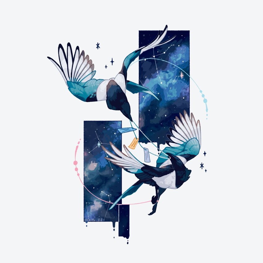 altair_(star) animal animal_focus aquila_(constellation) bird check_constellation chilfa_112 commentary constellation constellation_request cygnus_(constellation) deneb_(star) full_body highres lyra_(constellation) magpie mouth_hold night night_sky no_humans original sky sparkle star_(sky) starry_sky string tanabata tanzaku twitter_username vega_(star) white_background