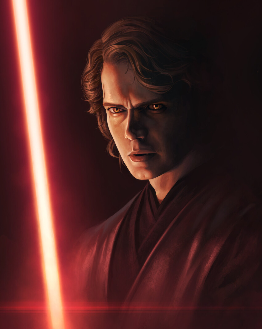 1boy 5health absurdres anakin_skywalker black_tunic brown_hair close-up energy_sword highres lightsaber male_focus orange_eyes red_lightsaber scar scar_across_eye short_hair sith solo star_wars star_wars:_revenge_of_the_sith sword tunic upper_body wavy_hair weapon