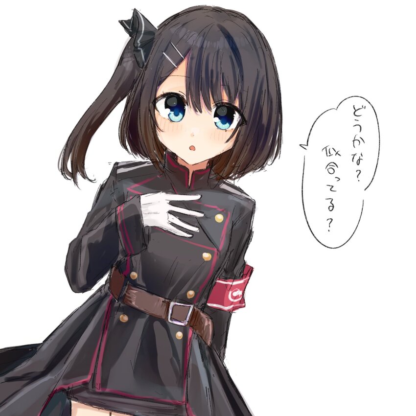 1girl :o arm_at_side armband belt black_bow black_hair black_jacket black_skirt blue_eyes blush bow brown_belt ch2sh commentary_request cosplay cowboy_shot dracu-riot! eyes_visible_through_hair hair_between_eyes hair_bow hand_up highres jacket long_hair long_sleeves looking_at_viewer medium_hair mera_azusa military_uniform one_side_up open_mouth red_armband sketch skirt solo speech_bubble straight_hair translated wide_sleeves yarai_miu yarai_miu_(cosplay)