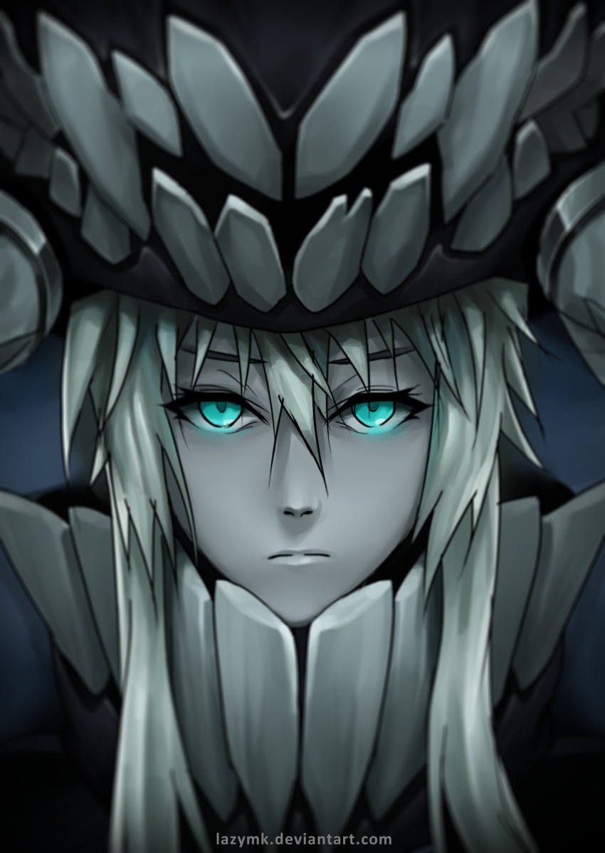 10s 1girl absurdres abyssal_ship blue_eyes blurry colored_skin depth_of_field female_focus glowing glowing_eyes grey_skin highres kantai_collection long_hair looking_at_viewer mk serious solo watermark web_address wo-class_aircraft_carrier