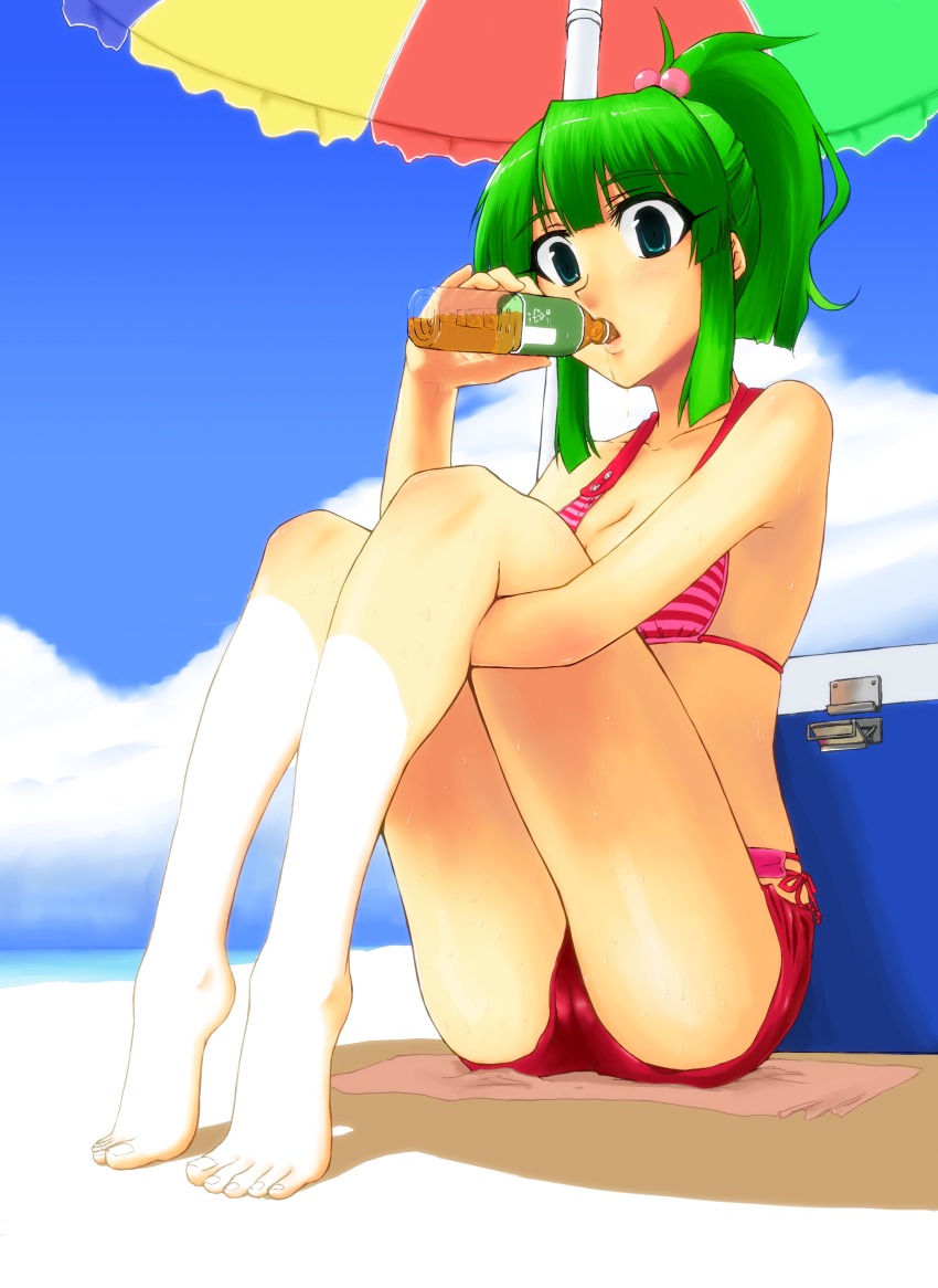 1girl absurdres bad_id bad_pixiv_id barefoot beach bikini bikini_top_only bottle breasts cleavage cooler day drinking feet female_focus green_eyes green_hair highres hugging_own_legs legs makaze_(t-junction) matching_hair/eyes original solo swimsuit toe-point