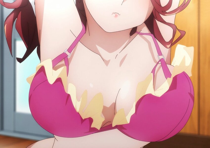 1girl anime_screenshot bra breasts highres isekai_de_cheat_nouryoku_o_te_ni_shita_ore_wa_genjitsu_sekai_o_mo_musou_suru kazama_kaede large_breasts red_hair stitched third-party_edit underwear