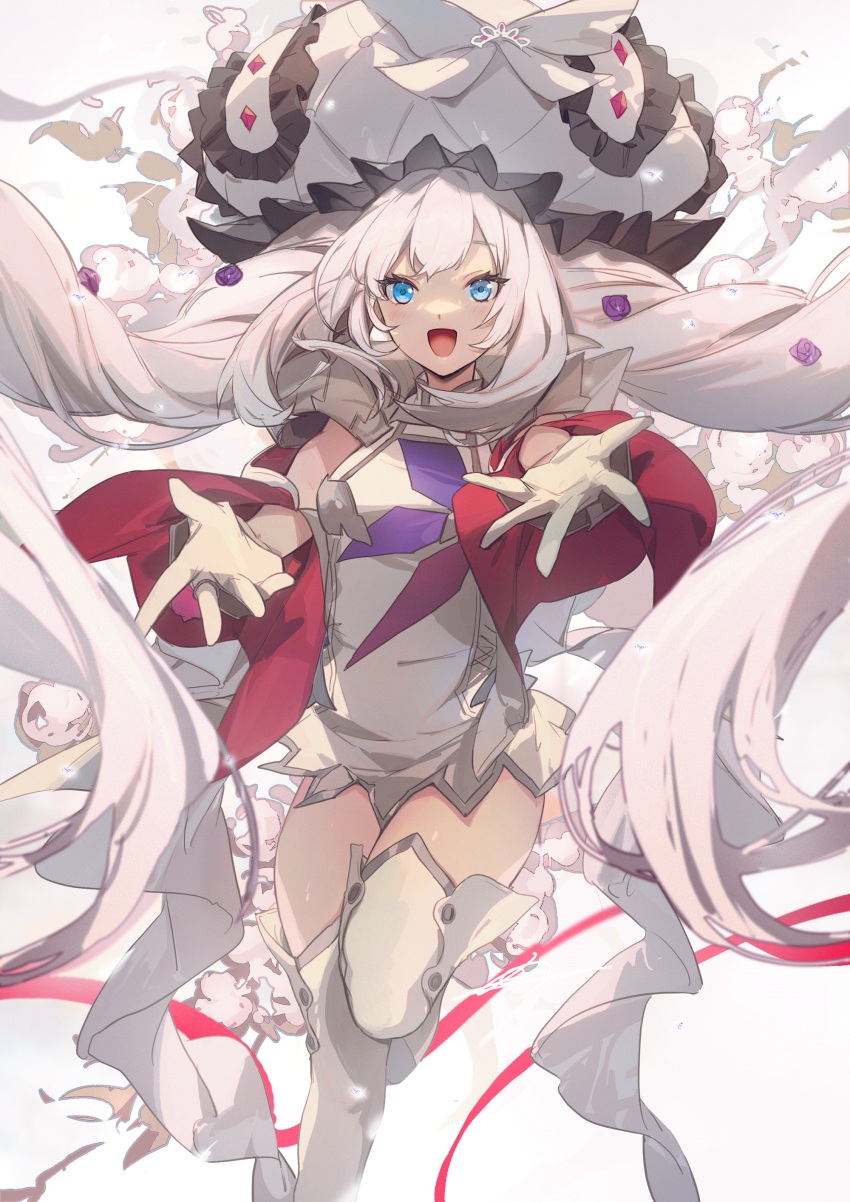 1girl absurdres blue_eyes boots fate/grand_order fate_(series) frilled_headwear gloves highres long_hair marie_antoinette_(fate) marie_antoinette_(third_ascension)_(fate) no-kan open_mouth reaching reaching_towards_viewer solo thigh_boots white_footwear white_gloves white_hair white_headwear