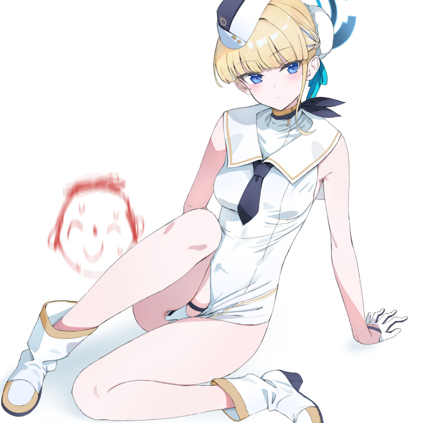 1girl ankle_boots utnapishtim_operator_uniform_(blue_archive) doodle_sensei_(blue_archive) bare_legs blonde_hair blue_archive blue_eyes blush boots bun_cover dress dress_tug ev_(dai00888) garrison_cap gloves hair_bun half_gloves halo hat highres knee_up necktie sensei_(blue_archive) short_necktie simple_background single_hair_bun sitting sleeveless sleeveless_dress solo toki_(blue_archive) white_background white_dress white_footwear white_gloves