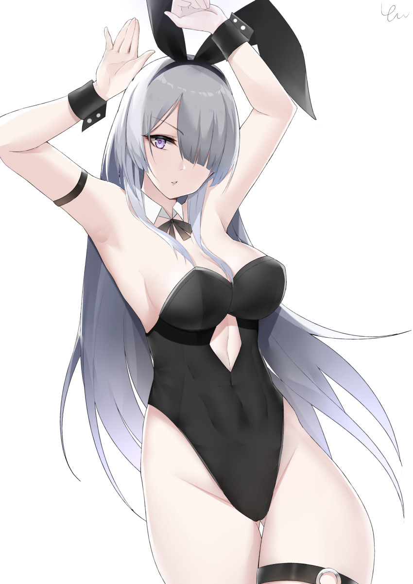 1girl absurdres ak-15_(girls&#039;_frontline) animal_ears arm_strap armpits arms_up black_hairband black_leotard black_wrist_cuffs breasts cleavage detached_collar fake_animal_ears floating_hair girls&#039;_frontline gluteal_fold grey_hair hair_over_one_eye hairband highleg highleg_leotard highres large_breasts leotard long_hair looking_at_viewer parted_lips playboy_bunny purple_eyes rabbit_ears simple_background solo strapless strapless_leotard thigh_gap thigh_strap very_long_hair white_background wing_collar wrist_cuffs yanwulazy