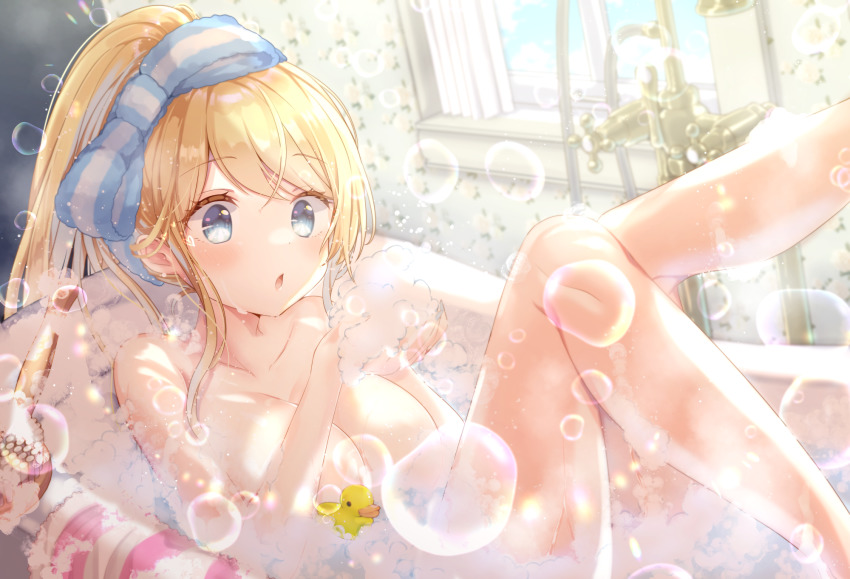 1girl bath bathing bathtub blonde_hair blue_eyes bow breasts bubble chestnut_mouth cleavage emu_alice gomano_rio hair_bow highres large_breasts legs_up liver_city long_hair nude parted_lips ponytail slipper_bathtub soap_bubbles solo