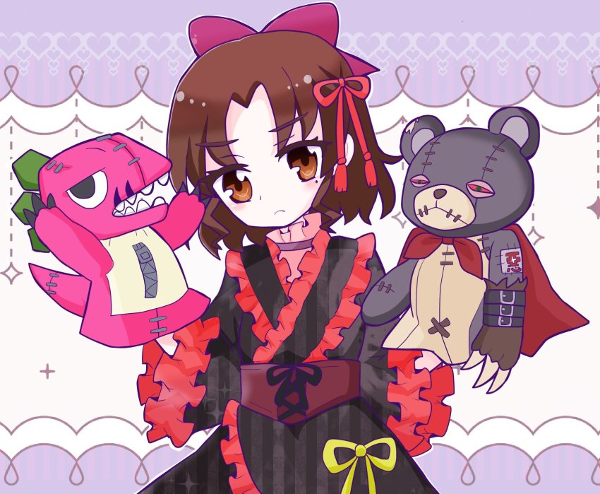 1girl 2boys aramaki_kayono belt blush digimon digimon_ghost_game ex-tyranomon gothic_lolita highres lolita_fashion multiple_boys puppet ribbon sad warumonzaemon