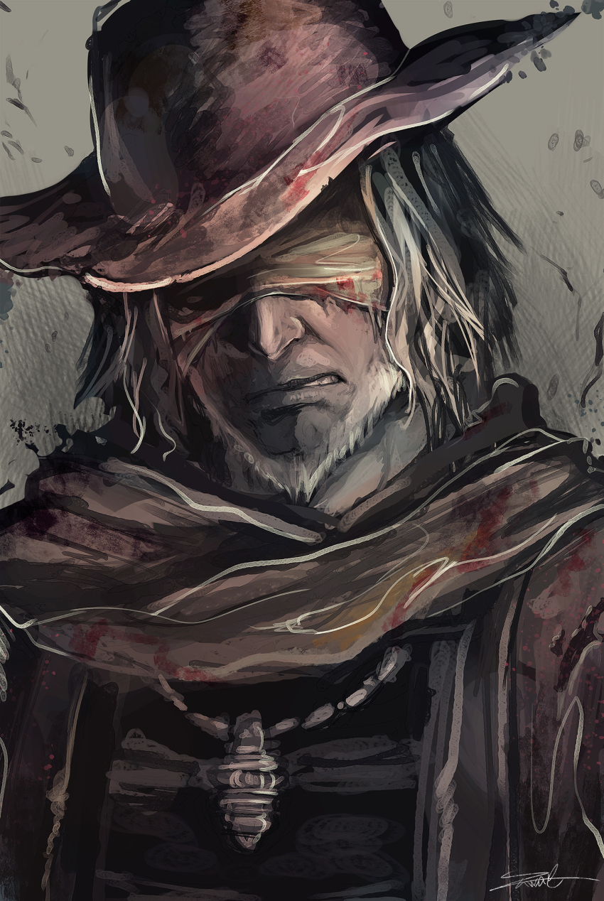 1boy bad_id bad_pixiv_id bandages bloodborne covered_eyes father_gascoigne grey_background grey_hair hat highres jewelry male_focus necklace scarf scowl teeth yumae