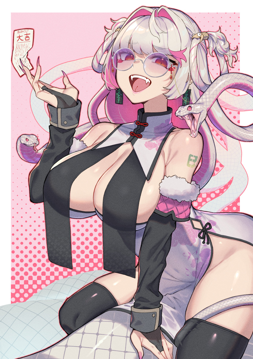 1girl absurdres arm_tattoo bare_shoulders black_gloves black_thighhighs breasts china_dress chinese_clothes commentary_request detached_sleeves dress earrings elbow_gloves fangs fingernails floral_print forked_tongue glasses gloves hair_intakes hair_rings highres jewelry large_breasts long_fingernails long_hair looking_at_viewer multicolored_hair no_bra open_mouth original pink_hair pink_nails scales sitting_on_animal slit_pupils snake snake_hair solo tattoo teeth thighhighs tongue toriniku29 translated upper_teeth_only very_long_hair white_dress white_hair