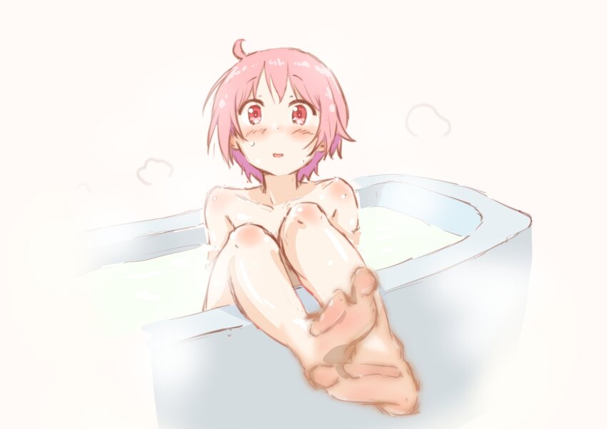 1girl absurdres ahoge aucufeo bath bathing blush collarbone completely_nude feet highres legs_up looking_at_viewer nonohara_yuzuko nude open_mouth pink_eyes pink_hair short_hair simple_background sitting soles solo steam sweat toes white_background yuyushiki