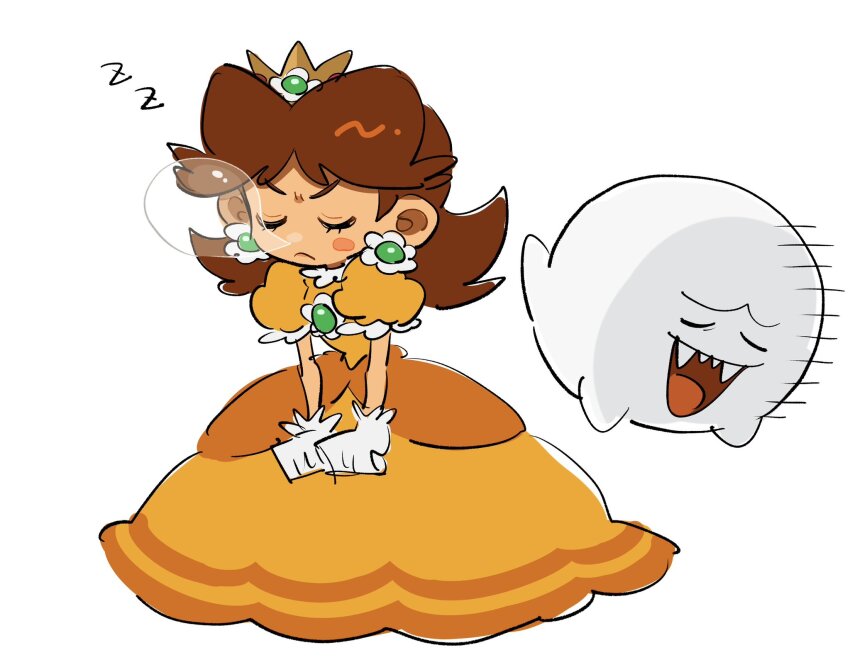 1girl boo_(mario) brown_hair closed_eyes crown dress earrings flipped_hair gloves highres jewelry looking_at_viewer mario_(series) mimimi_(mimimim9999) nintendo nose_bubble orange_dress princess_daisy puffy_sleeves short_sleeves simple_background sleeping smile solo white_gloves zzz