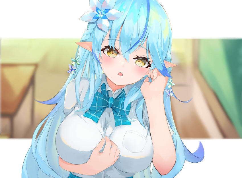 1girl absurdres ahoge blue_hair blush braid breasts chankuro flower hair_between_eyes hair_flower hair_ornament heart highres hololive large_breasts long_hair looking_at_viewer multicolored_hair open_mouth pointy_ears solo streaked_hair virtual_youtuber yellow_eyes yukihana_lamy