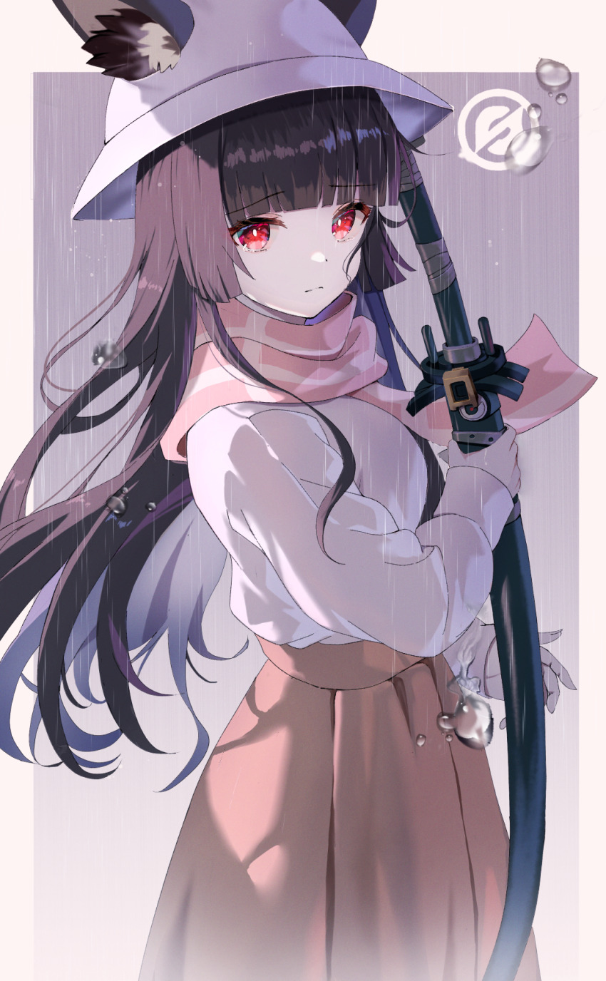 1girl alternate_costume animal_ear_fluff animal_ears black_hair blunt_bangs casual closed_mouth ears_through_headwear file112056 fox_ears frown hat highres holding holding_sword holding_weapon hoshimi_miyabi katana long_hair looking_at_viewer rain red_eyes scarf solo sword weapon zenless_zone_zero