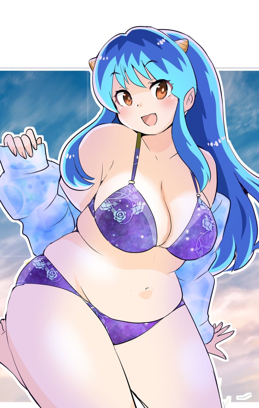 1girl :d alternate_costume blue_hair blush bra breasts brown_eyes cleavage cone_horns highres horns large_breasts looking_at_viewer lum oni open_mouth panties plump purple_bra purple_panties small_horns smile solo toyishiki_shizuoka underwear underwear_only urusei_yatsura yellow_horns