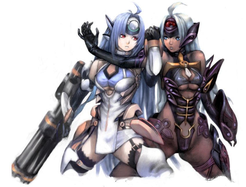 2girls android blue_hair breasts closed_mouth dark-skinned_female dark_skin gloves gun kos-mos long_hair multiple_girls red_eyes simple_background t-elos thighhighs very_long_hair weapon white_background xenosaga xenosaga_episode_iii yasuda_akira