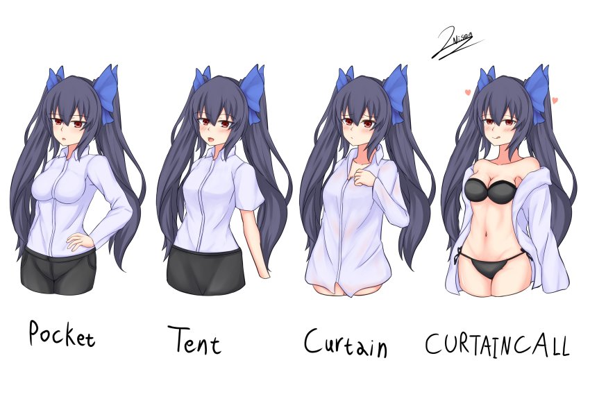 1girl absurdres annoyed bare_shoulders black_hair bra breasts cleavage collar curtain_call_challenge_(meme) highres lingerie long_hair medium_breasts meme multiple_views navel neptune_(series) nisen noire_(neptunia) open_mouth panties pants red_eyes ribbon shirt smile stomach thighs tongue trousers tsundere twintails underwear very_long_hair