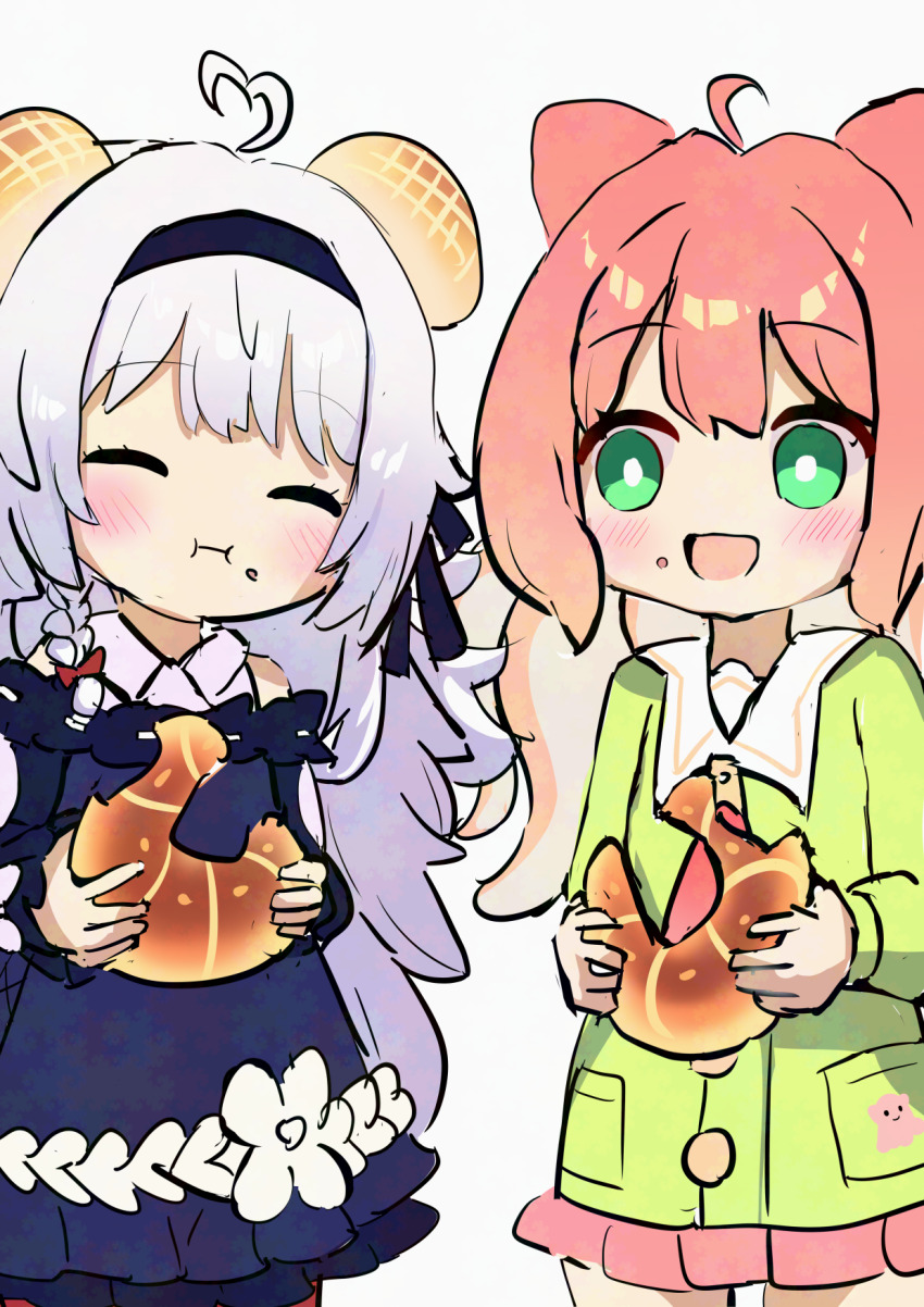 2girls :i adversarial_noise ahoge bare_shoulders blue_dress blue_hairband bread closed_eyes closed_mouth collared_shirt copyright_request dress eating food food_on_face green_eyes green_shirt grey_background grey_hair hairband heart heart_ahoge highres holding holding_food long_hair long_sleeves multiple_girls off-shoulder_dress off_shoulder pink_hair pink_shirt pink_skirt pleated_skirt shirt siera_(sieracitrus) simple_background skirt sleeveless sleeveless_shirt sleeves_past_wrists tentacle_hair very_long_hair