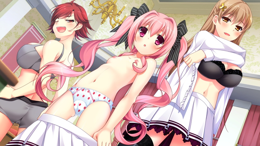 3girls blush bra breasts brown_hair cameltoe chuablesoft cleavage game_cg highres kirihara_misuzu kunai_uri large_breasts long_hair multiple_girls navel nipples noblesse_of_rouge one_eye_closed open_mouth orange_eyes panties pink_eyes pink_hair red_hair short_hair sideboob skirt small_breasts standing susakuooji_hotoha twintails underwear undressing wink yashiro_shiho