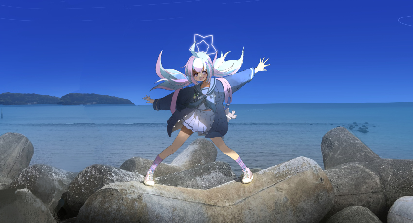 1girl absurdres ahoge arms_at_sides backpack bag blue_archive blue_eyes blue_jacket hair_between_eyes highres holding holding_bag jacket long_hair looking_at_viewer multicolored_hair norio_(norio386) ocean open_hands open_mouth pink_bag pink_shoes pink_socks reisa_(blue_archive) sailor_collar shirt shoes sidelocks skirt socks twintails white_sailor_collar white_shirt white_skirt