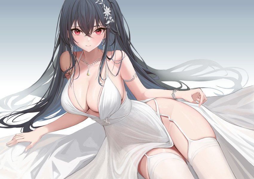 1girl absurdres azur_lane backless_dress backless_outfit black_hair breasts center_opening cleavage cocktail_dress crossed_bangs dress evening_gown garter_straps highres jewelry large_breasts long_hair looking_at_viewer necklace official_alternate_costume plunging_neckline red_eyes satin_dress side_slit simple_background sleeveless sleeveless_dress taihou_(azur_lane) taihou_(temptation_on_the_sea_breeze)_(azur_lane) thighhighs underline_(yuki154cm) wedding_dress white_dress white_garter_straps white_thighhighs