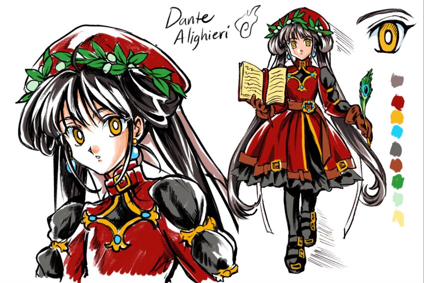 black_hair book brown_gloves dante_alighieri_(hell_maiden) dress earrings frilled_dress frills gloves hat head_wreath hell_maiden highres holding holding_quill jewelry kirame_kirai quill red_hat reference_photo two_side_up yellow_eyes