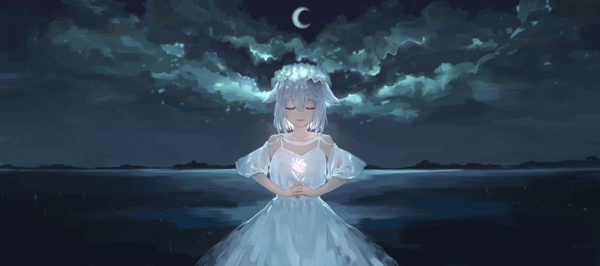 1girl absurdres bare_shoulders closed_eyes crescent_moon cross_hair_ornament detached_sleeves dress golkey gosegu hair_between_eyes hair_ornament head_wreath highres moon night night_sky own_hands_together sidelocks sky smile virtual_youtuber waktaverse white_dress white_hair