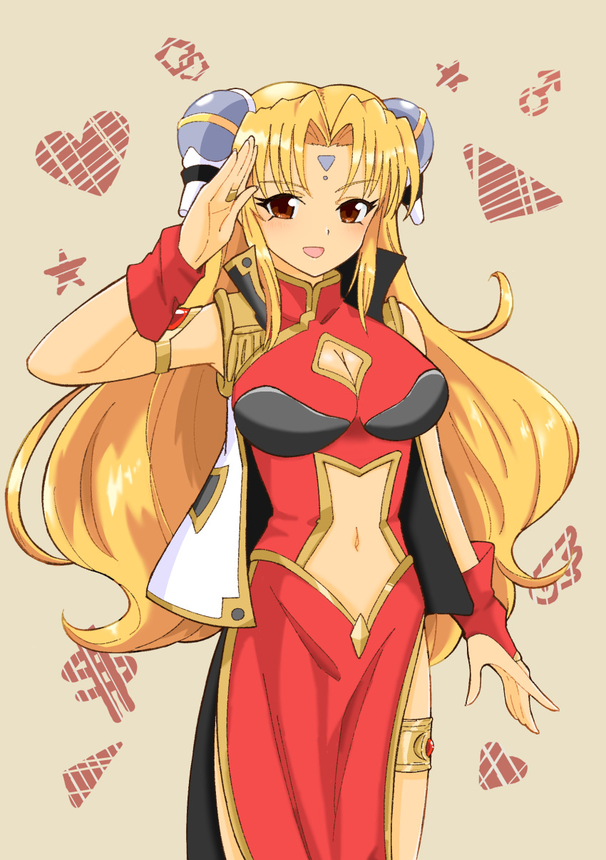 1girl absurdres blonde_hair breasts brown_hair chinese_clothes cleavage cleavage_cutout clothing_cutout cowboy_shot dress galaxy_angel hand_up highres jewelry ks1111 long_hair looking_at_viewer medium_breasts navel navel_cutout open_mouth ranpha_franboise simple_background solo