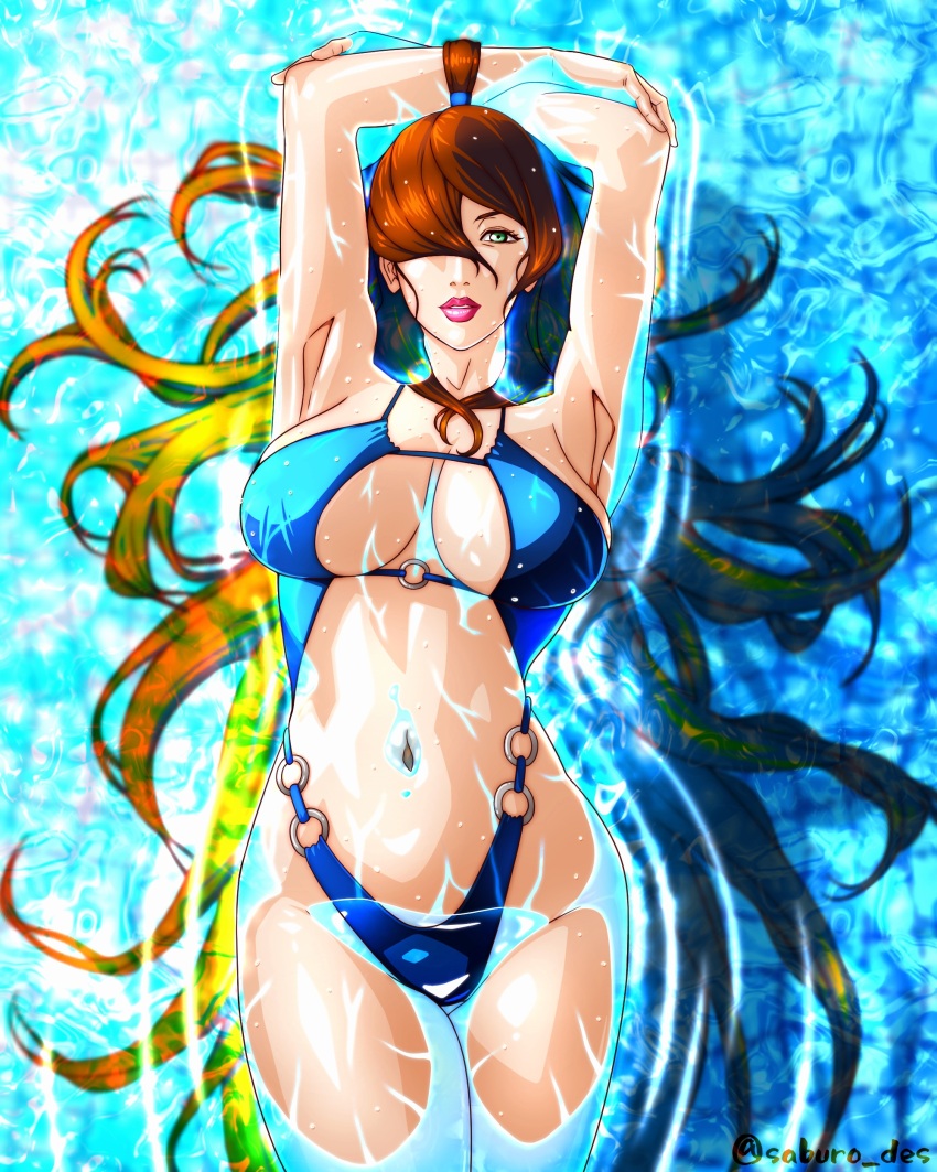 1girl afloat armpits arms_up bikini blue_bikini breasts brown_hair cleavage cowboy_shot green_eyes hair_over_one_eye highleg highleg_one-piece_swimsuit highres large_breasts lipstick long_hair looking_at_viewer makeup naruto_(series) naruto_shippuuden navel one-piece_swimsuit saburo_des swimsuit terumi_mei topknot twitter_username very_long_hair water whale_tail_(clothing)