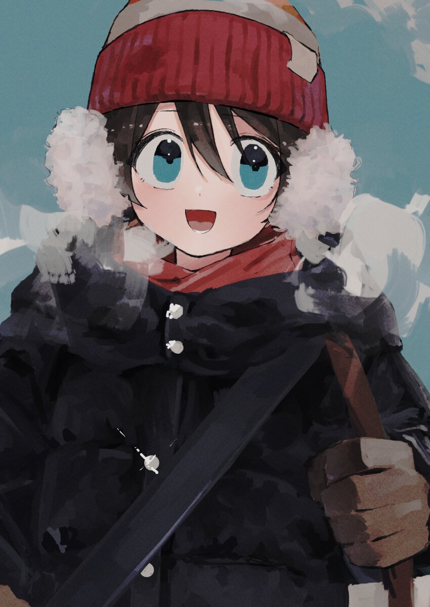 1girl :d absurdres bag beanie black_coat blue_eyes blue_sky brown_hair coat fur-trimmed_coat fur_trim gloves hair_between_eyes hat highres maegami_(daisuki_oekaki1) open_mouth painterly parka parted_bangs saitou_ena short_hair shoulder_bag sky smile solo upper_body winter_clothes winter_coat yurucamp