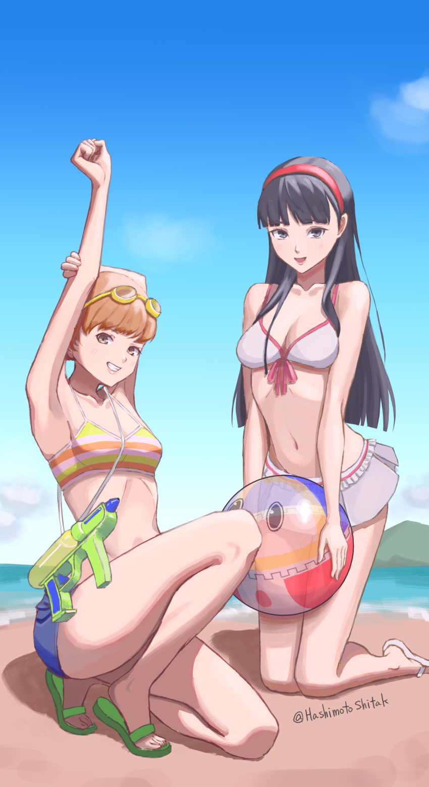 2girls amagi_yukiko arms_up ball bare_legs bare_shoulders beach beachball bikini bikini_skirt black_hair blue_sky breasts brown_hair cloud cloudy_sky collarbone flip-flops front-tie_bikini_top front-tie_top full_body grin hairband highres holding holding_ball holding_beachball horizon kneeling long_hair looking_at_viewer multiple_girls navel ocean on_one_knee open_mouth outdoors papapa_yoisyo persona persona_4 red_hairband sandals satonaka_chie short_hair sky small_breasts smile stomach stretching swimsuit twitter_username water_gun white_bikini