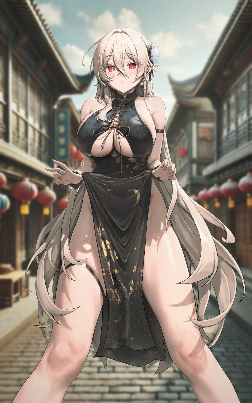 1girl absurdres arm_strap bare_shoulders black_dress blue_sky breasts china_dress chinese_clothes cleavage clothes_lift clothing_cutout cloud commission day dress dress_lift flower hair_between_eyes hair_flower hair_ornament highres large_breasts legs_apart lethe_rin lifting_own_clothes long_hair looking_at_viewer muloli no_bra no_panties original outdoors pelvic_curtain red_eyes road scrunchie sky sleeveless sleeveless_dress solo standing street thigh_strap thighs underboob underboob_cutout very_long_hair white_hair wrist_scrunchie