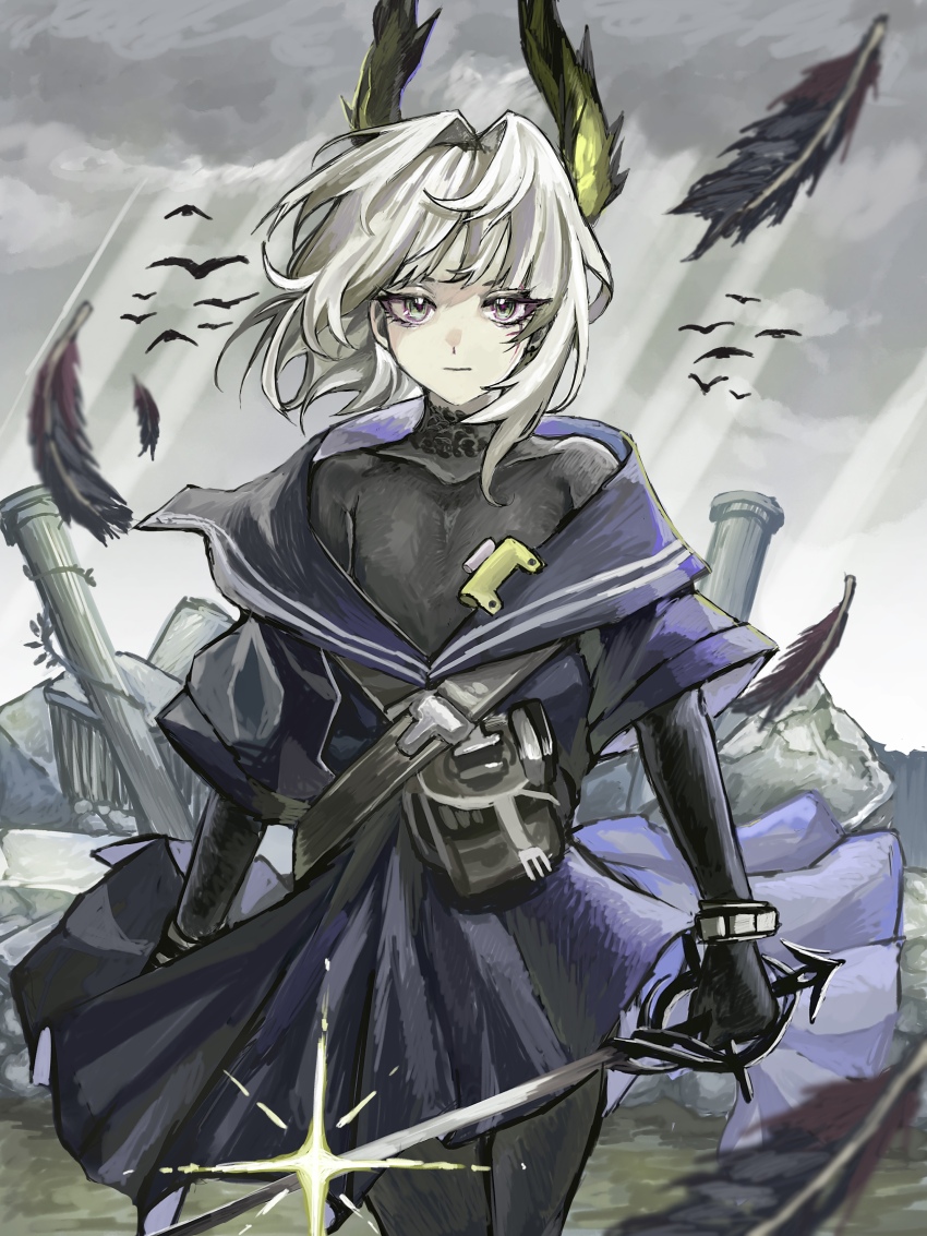 1girl absurdres arknights black_gloves blue_dress cloud cloudy_sky dress feathers gloves green_eyes hakaimoufu head_wings highres holding holding_sword holding_weapon irene_(arknights) irene_(the_adjudicatrix_and_her_resolve)_(arknights) light_rays long_sleeves medium_hair pillar pink_pupils rapier shirt simple_bird sky solo sunbeam sunlight sword turtleneck turtleneck_shirt walking weapon white_hair wings wrist_guards