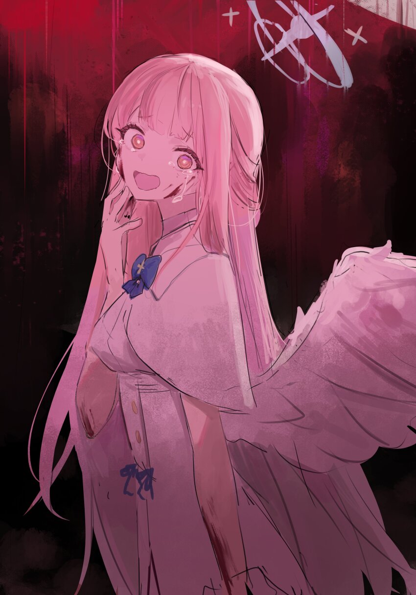 1girl absurdres angel_wings blood blood_on_arm blood_on_face blue_archive blue_bow blue_bowtie bow bowtie capelet crazy_eyes crying crying_with_eyes_open dress halo hand_on_own_face highres long_hair low_wings mika_(blue_archive) nonoa pink_hair solo tears white_capelet white_dress white_wings wings yellow_eyes