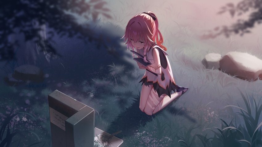 1girl aged_down bandaged_arm bandaged_leg bandages bare_shoulders black_bow black_footwear book bow burnt_clothes changli_(wuthering_waves) check_commentary chinese_commentary closed_eyes commentary_request crying dawn dress facing_down feather_hair flower from_above grass grave hair_between_eyes hair_bow highres holding holding_book hugging_book hugging_object kneeling long_hair low_twintails multicolored_hair open_mouth outdoors pink_hair ponytail solo streaked_hair twintails white_dress white_flower white_hair wuthering_waves zzyxiaoyang