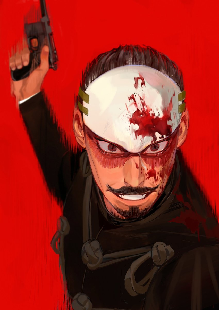 1boy black_eyes black_hair buttons collared_jacket facial_hair forehead_protector goatee golden_kamuy gun handgun highres holding holding_gun holding_weapon jacket kajibaji long_sleeves male_focus mauser_c96 military military_uniform motion_blur motion_lines mustache red_background scar scar_on_face short_hair sideburns simple_background solo stubble tsurumi_tokushirou weapon