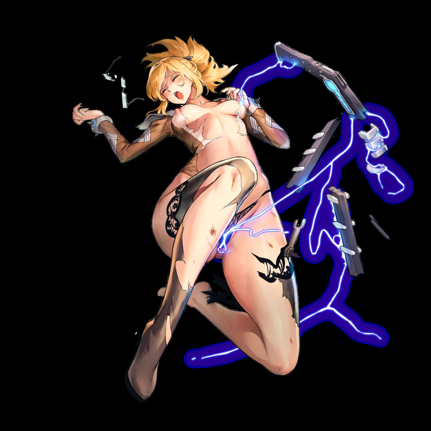 1girl alexandra_of_resonance blonde_hair breasts bruise closed_eyes defeat female_focus full_body game_cg highres injury kakiman last_origin nipples official_art open_mouth ponytail shoes single_shoe solo tachi-e torn_clothes transparent_background