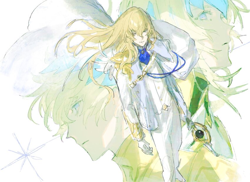 1girl 2boys arms_at_sides ascot blonde_hair blue_ascot brooch brother_and_sister cape castor_(fate) closed_mouth collar diadem fate/grand_order fate_(series) feathers formal frilled_sleeves frills gloves gold_trim grey_eyes hair_between_eyes highres holding holding_staff jacket jewelry kirschtaria_wodime light_smile long_hair long_sleeves looking_ahead looking_at_viewer looking_to_the_side metal_collar multiple_boys pants pollux_(fate) purple_eyes short_hair siblings simple_background sketch sleeve_cuffs staff standing suit twins uda_(xax_057) vest white_background white_cape white_feathers white_gloves white_jacket white_pants white_suit white_vest