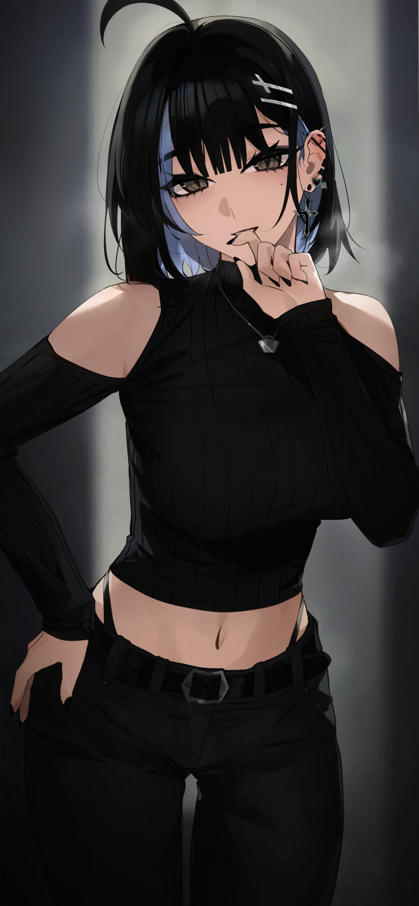 1girl absurdres ahoge belt black_belt black_hair black_nails black_pants black_sleeves black_sweater blue_hair breasts brown_eyes colored_inner_hair commentary cross cross_earrings earrings english_commentary fingernails hair_ornament highres irene_(kanniiepan) jewelry kanniiepan looking_at_viewer medium_breasts midriff mole mole_under_eye multicolored_hair nail_polish navel necklace original pants revision short_hair single_earring solo sweater two-tone_hair