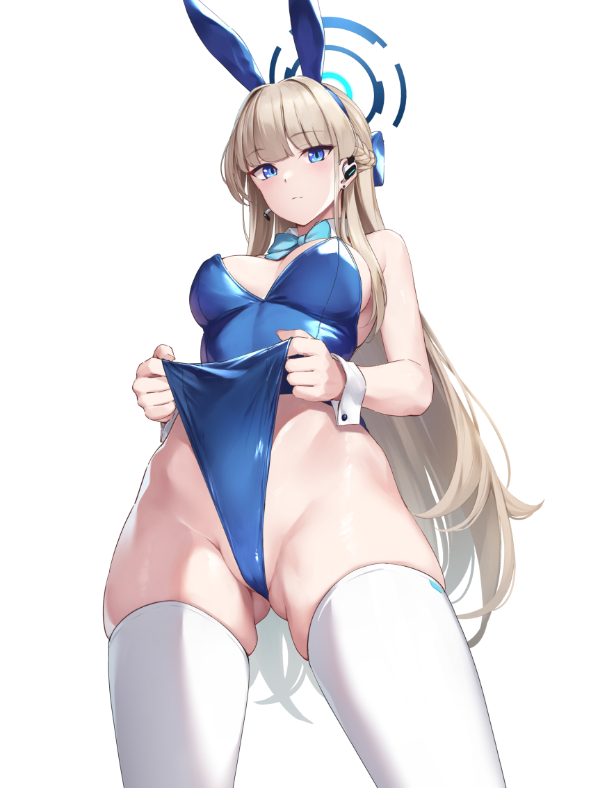 1girl absurdres animal_ears blonde_hair blue_archive blue_eyes blue_leotard blush bow bowtie breasts cameltoe detached_collar earpiece fake_animal_ears frontal_wedgie gluteal_fold halo highleg highleg_leotard highres leotard long_hair looking_at_viewer medium_breasts official_alternate_costume partially_visible_vulva playboy_bunny rabbit_ears rebutsu solo strapless strapless_leotard thighhighs thighs toki_(blue_archive) toki_(bunny)_(blue_archive) very_long_hair wedgie white_thighhighs white_wrist_cuffs wrist_cuffs