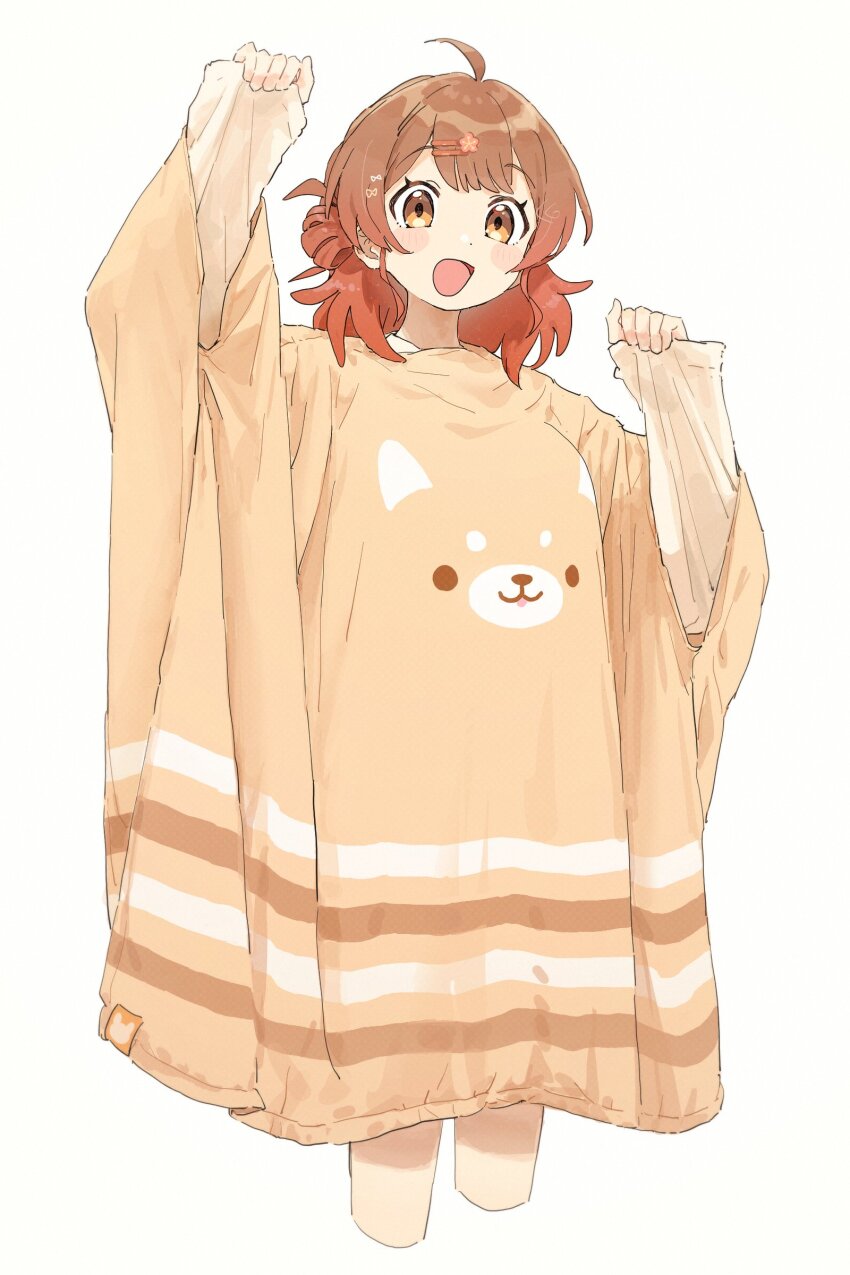 1girl absurdres ahoge animal_print blunt_bangs blush_stickers brown_eyes brown_hair cropped_legs dot_nose eyelashes gakuen_idolmaster hair_bun hair_ornament hairclip hanami_ume highres idolmaster looking_at_viewer medium_hair nendo23 orange_shirt oversized_clothes oversized_shirt pinching_sleeves red_hair shirt single_side_bun sleeves_past_wrists smile solo sweater tareme white_background white_sweater