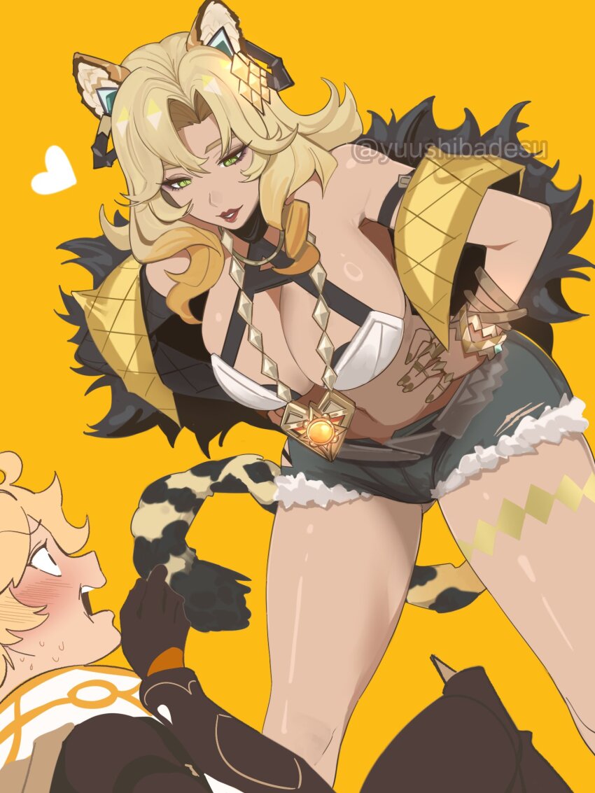 1boy 1girl aether_(genshin_impact) ahoge animal_ears armpits bare_shoulders black_gloves blonde_hair blush breasts cleavage dark-skinned_female dark_skin femdom genshin_impact gloves gluteal_fold green_eyes hair_between_eyes hands_on_own_hips heart hetero highres jaguar_ears jaguar_girl jaguar_tail jewelry large_breasts long_hair long_sleeves multicolored_hair nail_polish open_mouth scarf short_hair shorts smile tail very_long_hair vision_(genshin_impact) xilonen_(genshin_impact) yuushiba