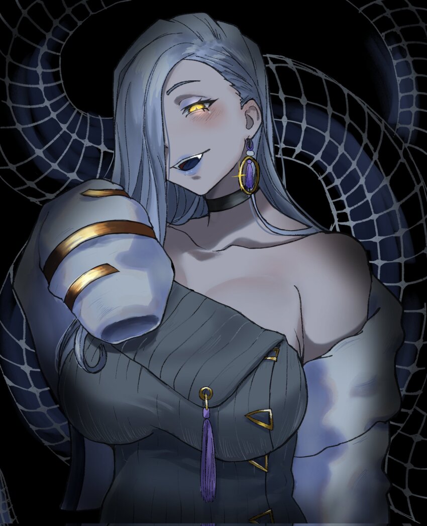 1girl bare_shoulders black_background blue_lips blush breasts choker collarbone dress earrings eyeliner fate/grand_order fate_(series) glowing glowing_eyes grey_dress hair_over_one_eye highres hoop_earrings jacket jewelry large_breasts long_hair long_sleeves looking_at_viewer makeup niten0002 off_shoulder mrs._snake_(fate) open_mouth smile solo sweater sweater_dress tassel white_hair white_jacket yellow_eyes