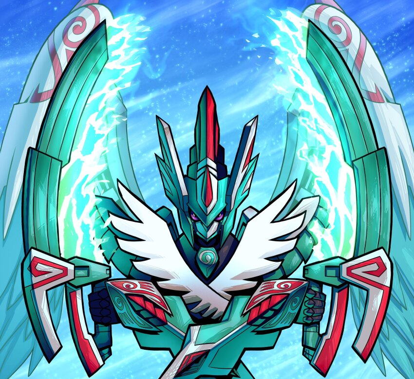 armor blue_background blue_sky digimon digimon_(creature) dual_wielding energy_blade energy_sword feathered_wings fire full_armor glowing glowing_sword glowing_weapon green_armor green_fire highres holding lbrightbladel multiple_wings purple_eyes sky solo sword upper_body weapon white_wings wings x_arms zephagamon