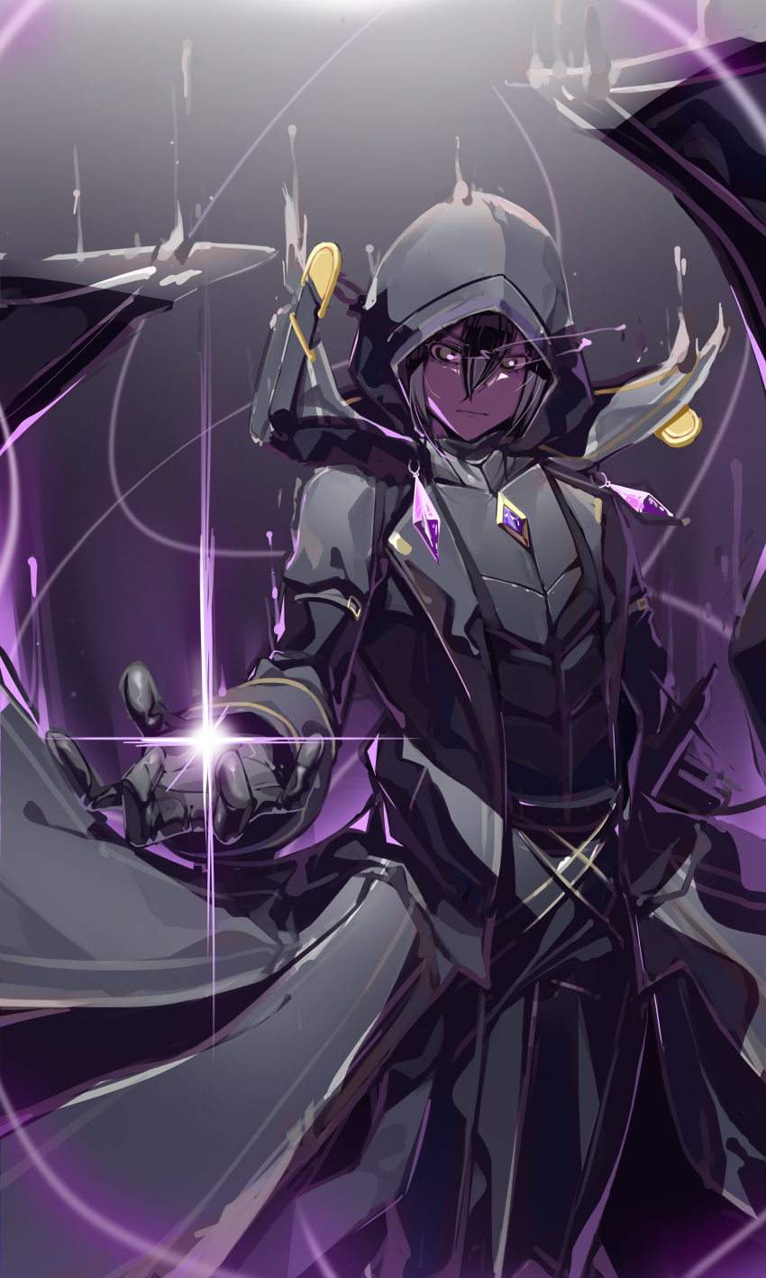 1boy absurdres aiza-ku black_eyes black_hair cid_kagenou gem glowing glowing_eyes glowing_lines gold_trim highres hood hooded_jacket jacket kage_no_jitsuryokusha_ni_naritakute! magic outstretched_hand purple_gemstone shadow_(kage_no_jitsuryokusha_ni_naritakute!) simple_background slime_(substance)