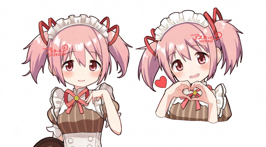 2girls apron asukaru_(magika_ru) blush brown_shirt hair_between_eyes hair_ribbon heart heart_hands highres holding holding_tray kaname_madoka looking_at_viewer mahou_shoujo_madoka_magica maid maid_headdress multiple_girls open_mouth pink_eyes pink_hair puffy_short_sleeves puffy_sleeves red_ribbon ribbon shirt short_sleeves short_twintails smile striped_clothes striped_shirt tareme tray twintails vertical-striped_clothes vertical-striped_shirt waist_apron white_background