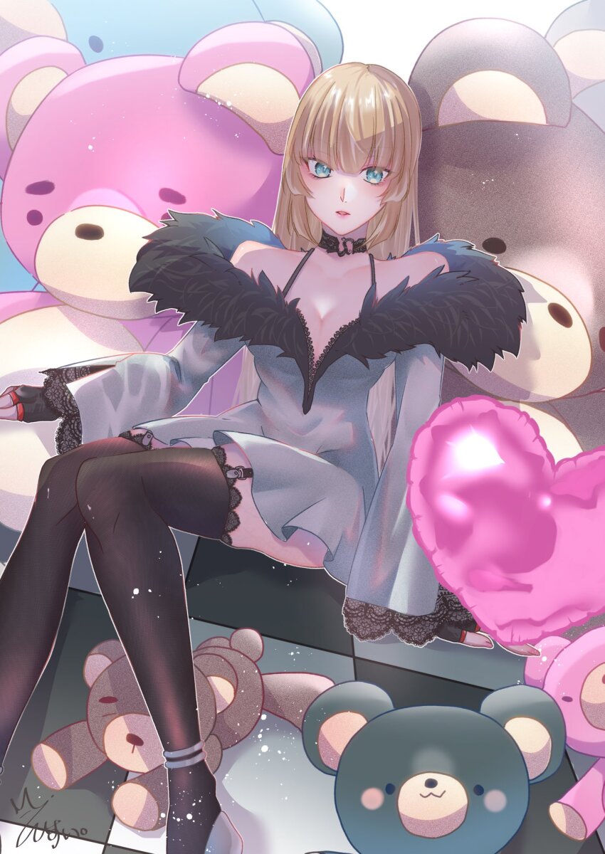 1girl alternate_costume black_choker black_gloves blue_eyes blunt_bangs breasts checkered_floor choker cleavage emilie_de_rochefort fingerless_gloves full_body gloves heart highres kotomine_hisui large_teddy_bear long_hair official_alternate_costume signature sitting solo stuffed_animal stuffed_toy teddy_bear tekken tekken_8