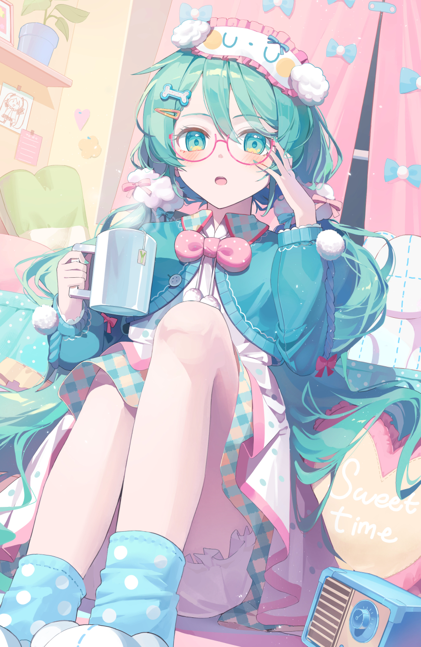 1girl absurdres adjusting_eyewear aqua_eyes aqua_hair aqua_sweater blue_socks blush bone_hair_ornament cup eyemask hair_ornament hair_scrunchie hairclip hatsune_miku heart heart-shaped_pillow highres holding holding_cup hya_ro indoors knees_up layered_skirt long_hair looking_at_viewer multicolored_clothes pillow polka_dot_socks radio red-framed_eyewear red_ribbon ribbon scrunchie semi-rimless_eyewear shorts skirt sleep_mask socks solo sweater twintails vocaloid white_shorts