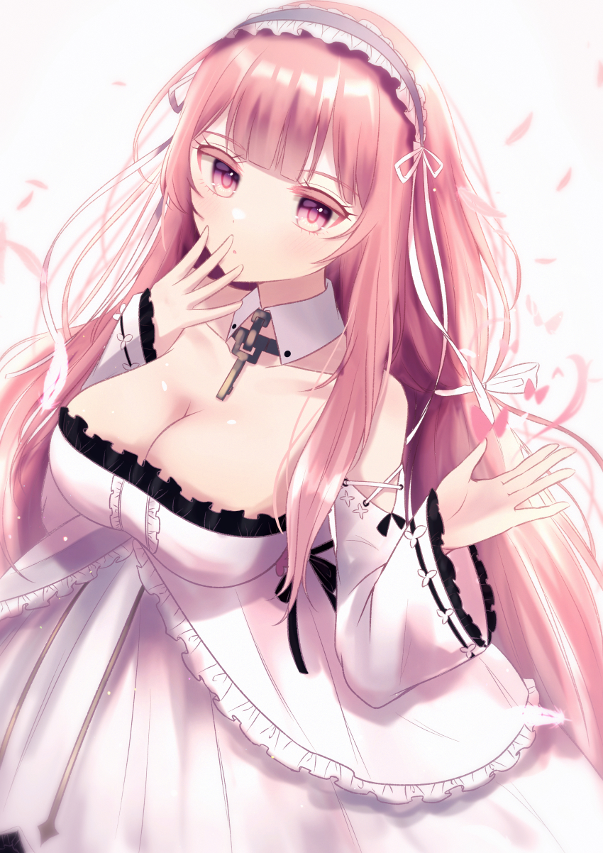 1girl absurdres azur_lane breasts cleavage colored_eyelashes detached_collar detached_sleeves dress frilled_dress frills highres junineu large_breasts long_hair long_sleeves looking_at_viewer perseus_(azur_lane) pink_eyes pink_hair simple_background solo strapless strapless_dress very_long_hair white_background white_dress