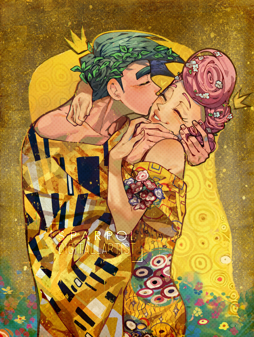 1boy 1girl absurdres arm_around_neck artist_name bare_shoulders blush closed_eyes collarbone commentary cosmo_(fairly_oddparents) couple crown dress english_commentary fine_art_parody fingernails flower green_hair hair_flower hair_ornament hand_on_another&#039;s_face hetero highres kiss kissing_cheek leaf_hair_ornament lips long_sleeves off-shoulder_dress off_shoulder parody pink_hair short_hair short_sleeves smile sparkle_print sparpol spiral_background standing teeth the_fairly_oddparents the_fairly_oddparents:_a_new_wish the_kiss wanda_(fairly_oddparents) watermark white_flower wide_sleeves yellow_background yellow_dress