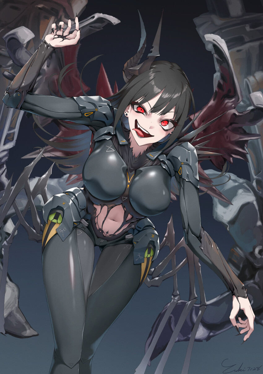 1girl absurdres arthropod_limbs behemoth_(nikke) black_bodysuit black_hair bodysuit breasts crazy_eyes goddess_of_victory:_nikke highres large_breasts midriff navel red_eyes tongue tongue_out yuki7128